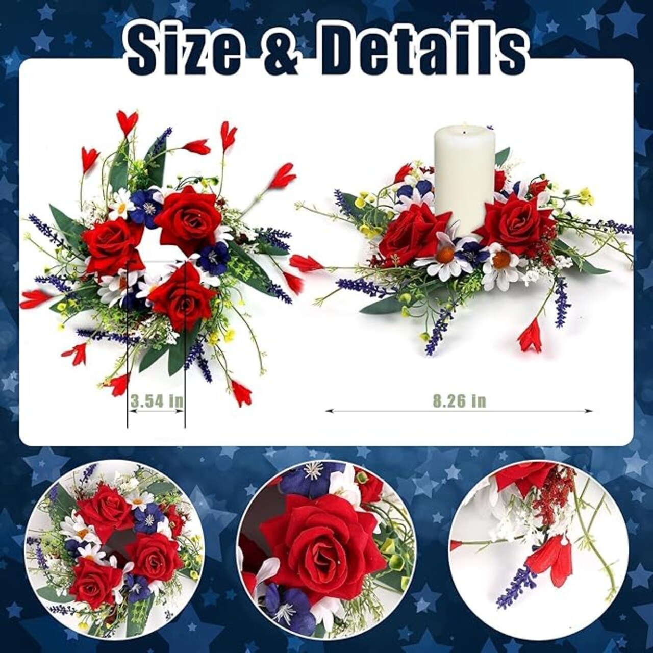 6 Pcs 4th of July Candle Rings, Red White Blue Mini 3" Patriotic Wreaths for Independence Day Table Centerpieces, Windows & Door Decorations